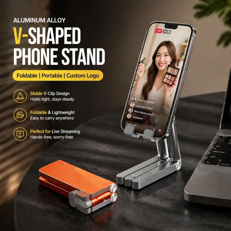 Aluminum Alloy V-shaped Desktop Phone Holder Foldable Portable Metal Bracket Live Stream Support Stand for Tablet Cellphone
Aluminum Alloy V-shaped Desktop Phone Holder Foldable Portable Metal Bracket Live Stream Support Stand for Tablet Cellphone