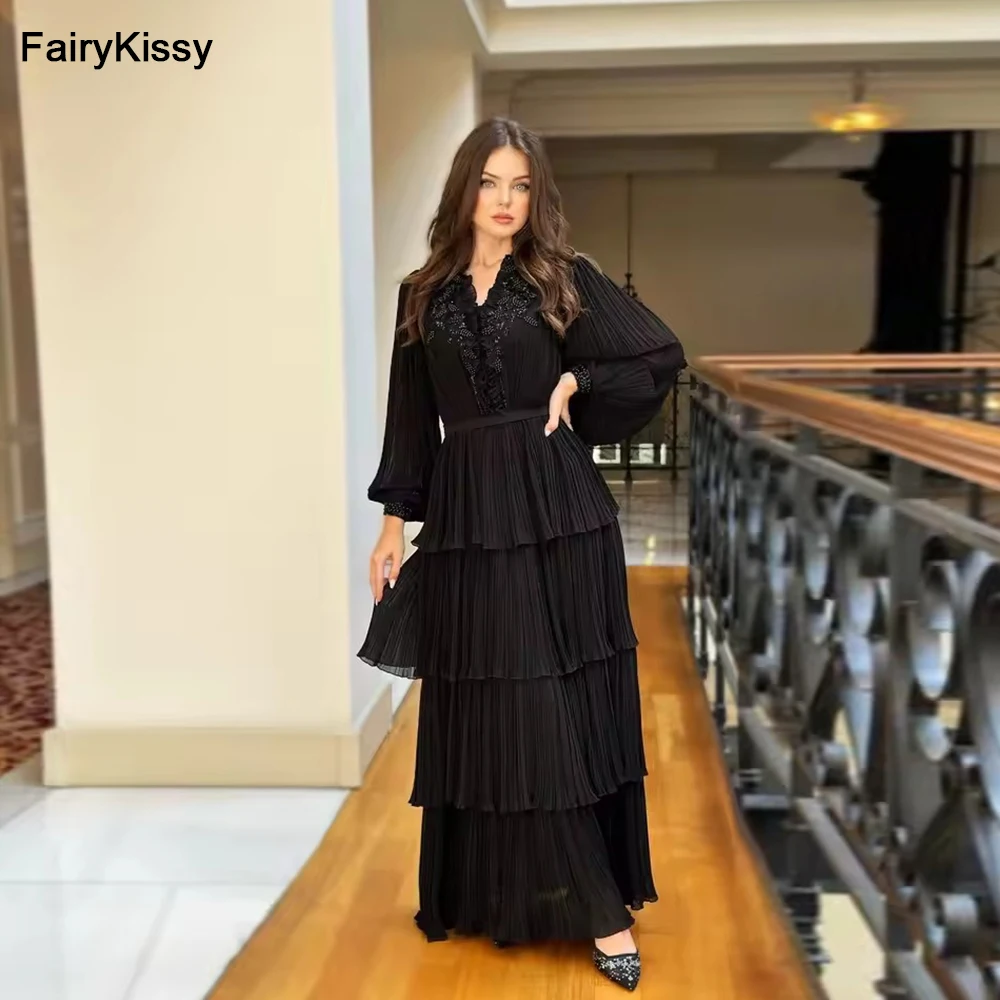 FairyKissy Black Long Sleeves Prom Dresses V Neck Pleated Beaded Tiered Chiffon Floor Length Evening Dresses Party Dresses
FairyKissy Black Long Sleeves Prom Dresses V Neck Pleated Beaded Tiered Chiffon Floor Length Evening Dresses Party Dresses