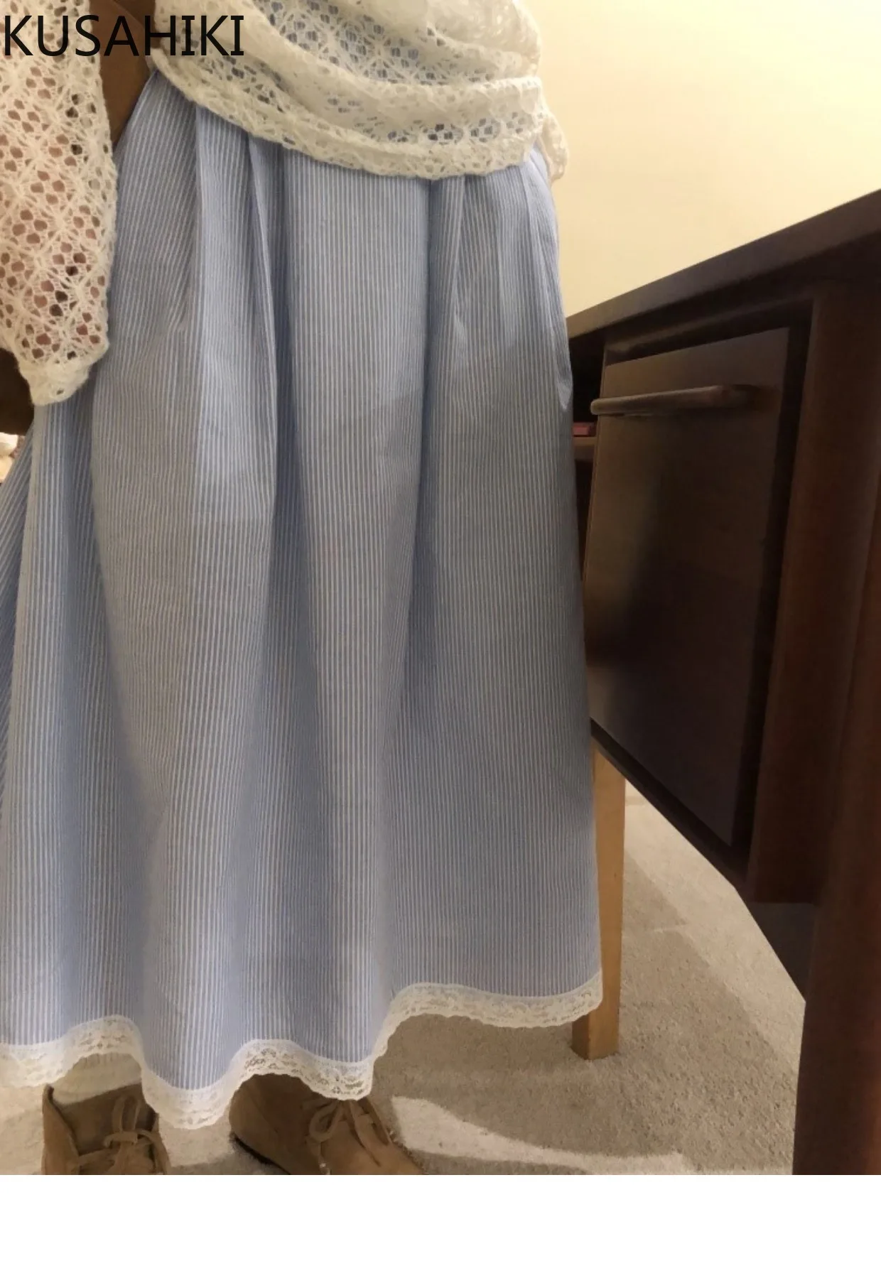 KUSAHIKI Korean Blue Striped Patchwork Lace Versatile Elastic Waist Causal Medium-length Skirt Faldas De Mujer 2024 New Skirts
KUSAHIKI Korean Blue Striped Patchwork Lace Versatile Elastic Waist Causal Medium-length Skirt Faldas De Mujer 2024 New Skirts