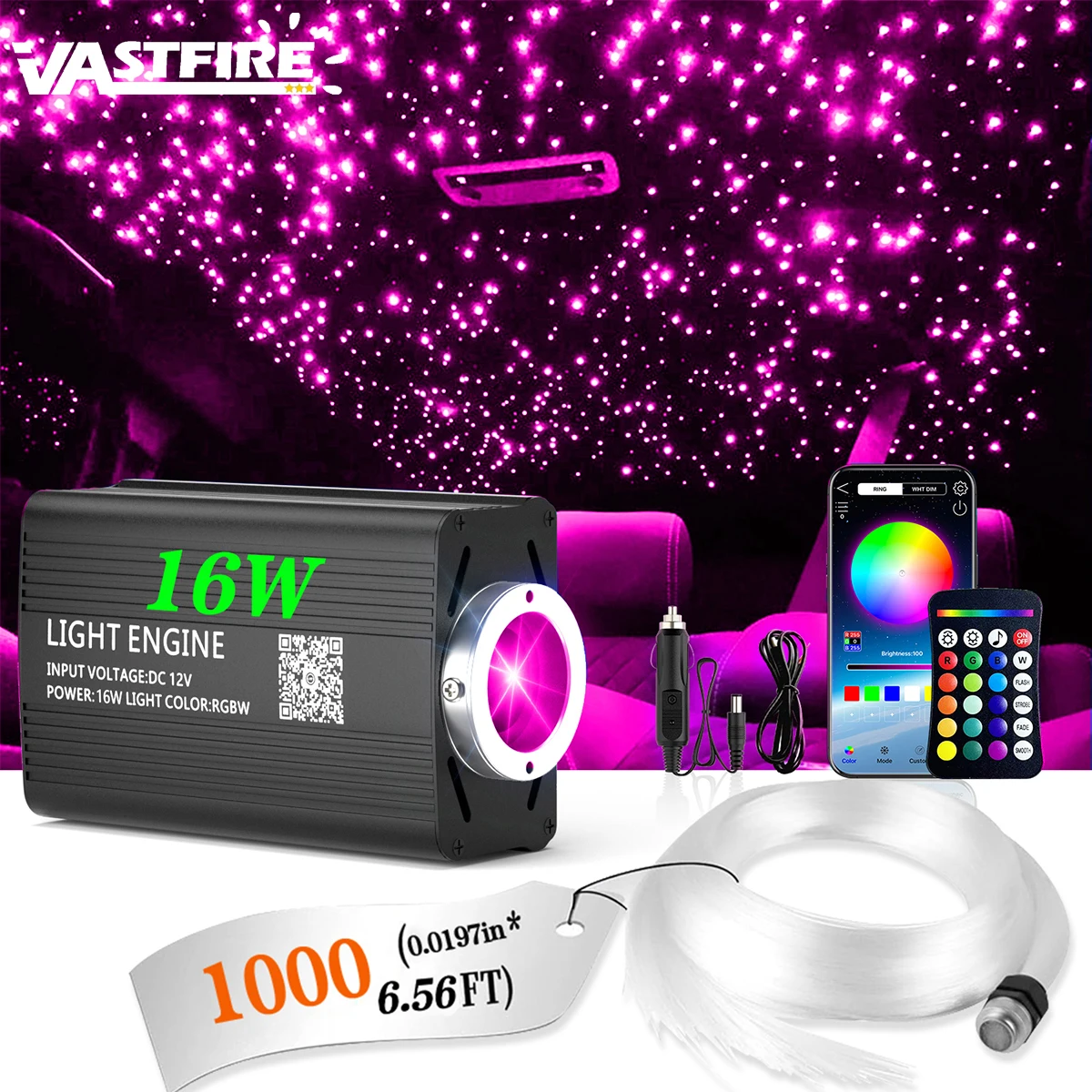 VASTFIRE Car Home Use APP Control Fiber Optic Light Kit, 16W RGBW Music Mode Star Ceiling Sky Light with 1000 Strands 0.02in/0.5mm 6.5ft/2m Optical Fiber Cable, and more than 10 million colors
VASTFIRE Car Home Use APP Control Fiber Optic Light Kit, 16W RGBW Music Mode Star Ceiling Sky Light with 1000 Strands 0.02in/0.5mm 6.5ft/2m Optical Fiber Cable, and more than 10 million colors