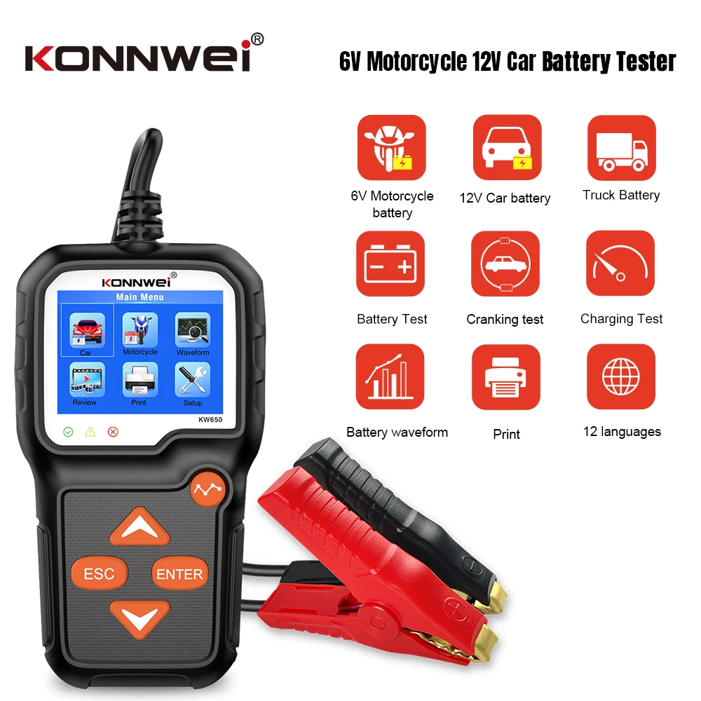 KONNWEI 6V-12V Car Lead-Acid Battery Tester with 13-Language Fault Data Printing Start Test Car Battery Charging Scan Tool
KONNWEI 6V-12V Car Lead-Acid Battery Tester with 13-Language Fault Data Printing Start Test Car Battery Charging Scan Tool