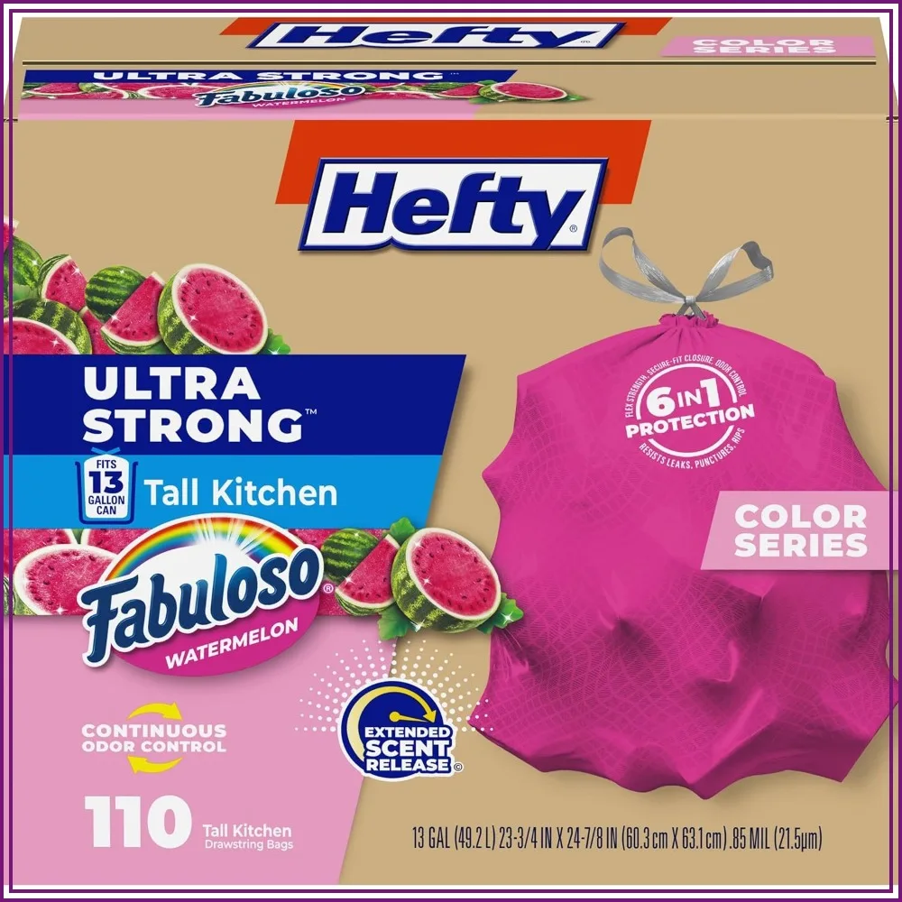 13 Gallon Tall Kitchen Trash Bags, Ultra Strong, Resist Leaks & Punctures, Continuous Odor Control, Watermelon Scent, 110 Count
13 Gallon Tall Kitchen Trash Bags, Ultra Strong, Resist Leaks & Punctures, Continuous Odor Control, Watermelon Scent, 110 Count