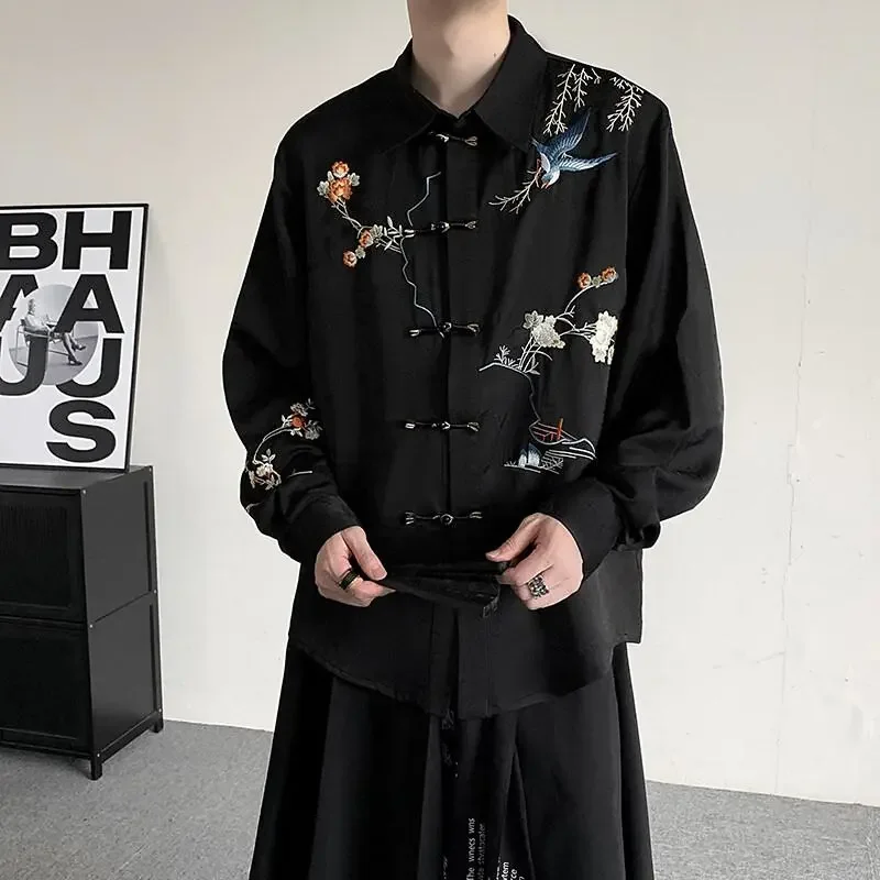 Men's Black Bird And Flower Embroidery Mandarin Collar Frog-Button Shirt Oversized New Chinese Style Loose Fit Casual Tops
Men's Black Bird And Flower Embroidery Mandarin Collar Frog-Button Shirt Oversized New Chinese Style Loose Fit Casual Tops