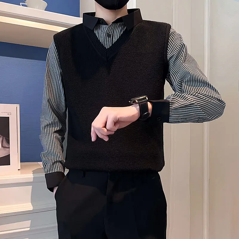 Fake Two Pieces Striped Shirts Autumn Winter New Knitted Patchwork Men's Clothing Business Casual Turn-down Collar Button Shirts
Fake Two Pieces Striped Shirts Autumn Winter New Knitted Patchwork Men's Clothing Business Casual Turn-down Collar Button Shirts