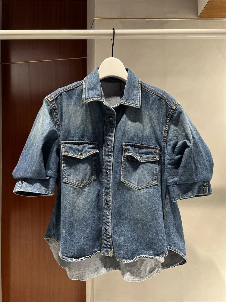 Женская хлопковая рубашка FOG SACAI с коротким рукавом, джинсовая, с рукавами-фонариками, в винтажном стиле, для повседневной носки
Женская хлопковая рубашка FOG SACAI с коротким рукавом, джинсовая, с рукавами-фонариками, в винтажном стиле, для повседневной носки