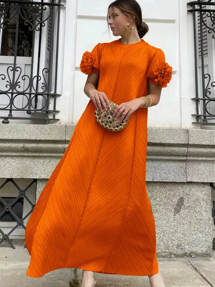 Miyake плиссированное женское эластичное длинное платье большого размера с высоким воротником, роскошное элегантное летнее оранжевое свободное платье макси с рукавами-лепестками
Miyake плиссированное женское эластичное длинное платье большого размера с высоким воротником, роскошное элегантное летнее оранжевое свободное платье макси с рукавами-лепестками