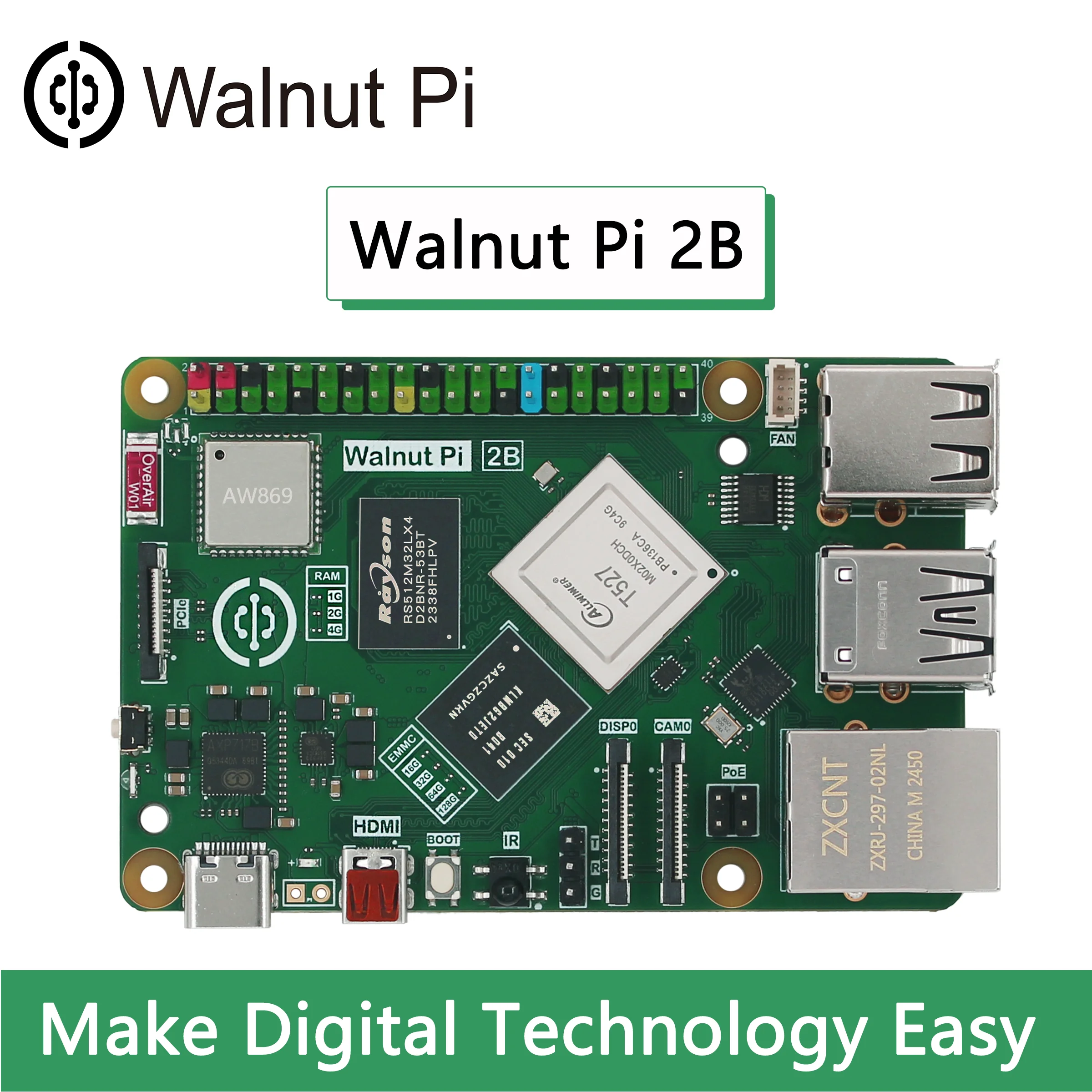 WalnutPi Walnut Pi 2B Allwinner T527 WiFi+BT5.0 Octa-core Linux Development Board EMMC 2TOPS NVMe SSD NPU Mini PC Raspberry Pi
WalnutPi Walnut Pi 2B Allwinner T527 WiFi+BT5.0 Octa-core Linux Development Board EMMC 2TOPS NVMe SSD NPU Mini PC Raspberry Pi