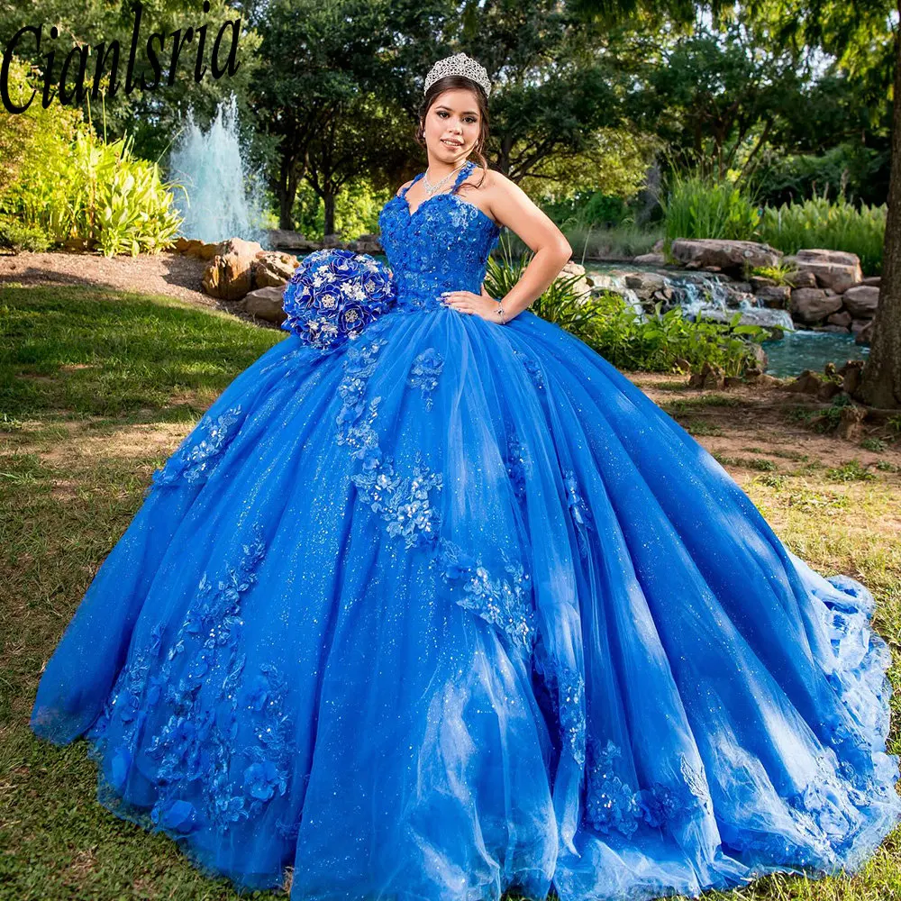 Blue 3D Flowers Appliques Lace Shiny Crystal Ball Gown Quinceanera Dresses Spaghetti Strap Ruffles Corset Vestidos De 15 Años
Blue 3D Flowers Appliques Lace Shiny Crystal Ball Gown Quinceanera Dresses Spaghetti Strap Ruffles Corset Vestidos De 15 Años