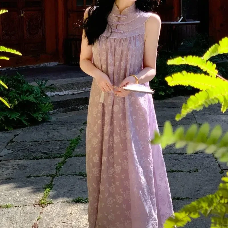 Women's New Chinese Style Sleeveless Cheongsam Dress Floral Print Mandarin Collar Frog Button Loose Fit Maxi Dress
Women's New Chinese Style Sleeveless Cheongsam Dress Floral Print Mandarin Collar Frog Button Loose Fit Maxi Dress