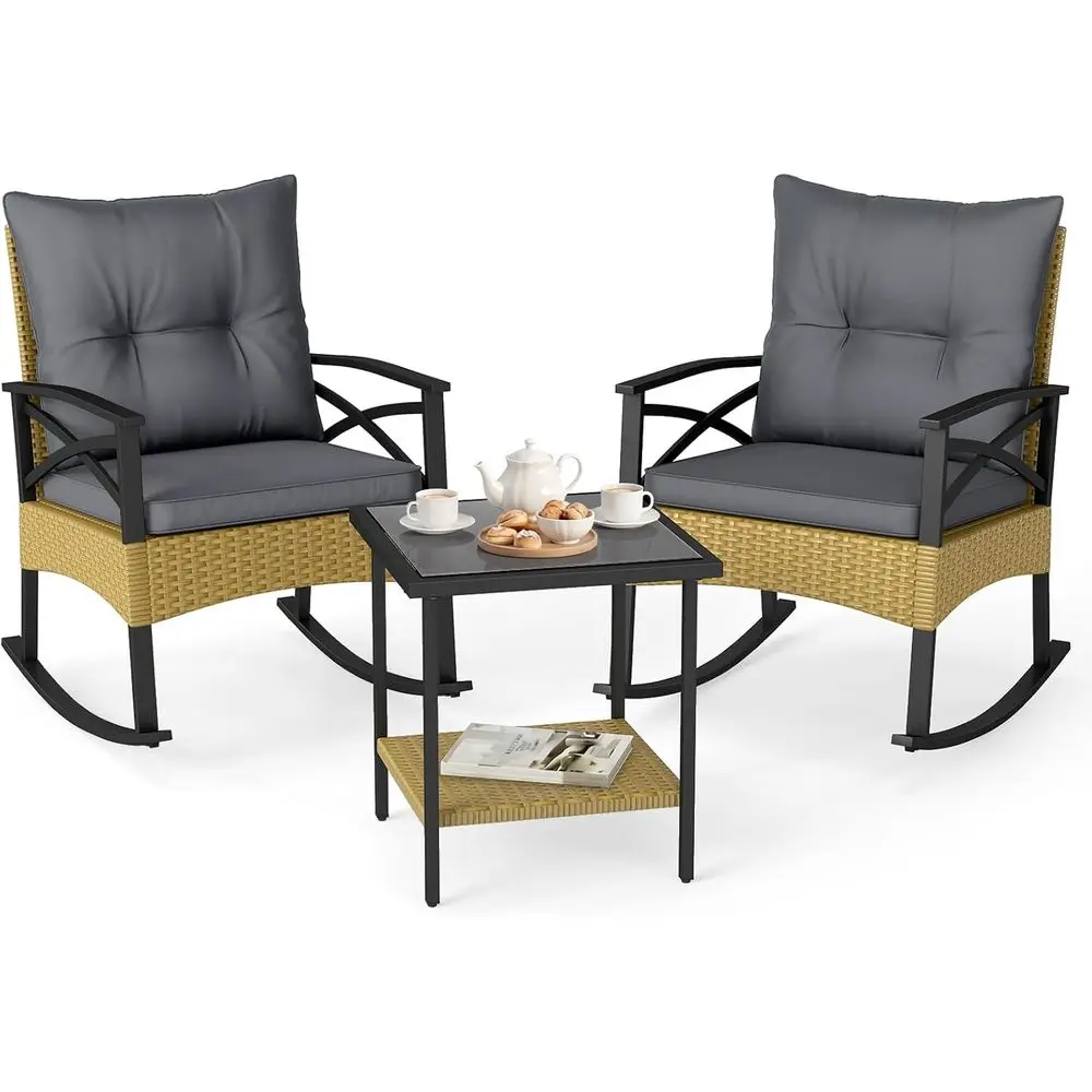 Outdoor Patio 3-Piece Rocking Bistro Set with Table and Cushions, Suitable for Front Porch, Garden, and Poolside (Yellow & Grey)
Outdoor Patio 3-Piece Rocking Bistro Set with Table and Cushions, Suitable for Front Porch, Garden, and Poolside (Yellow & Grey)