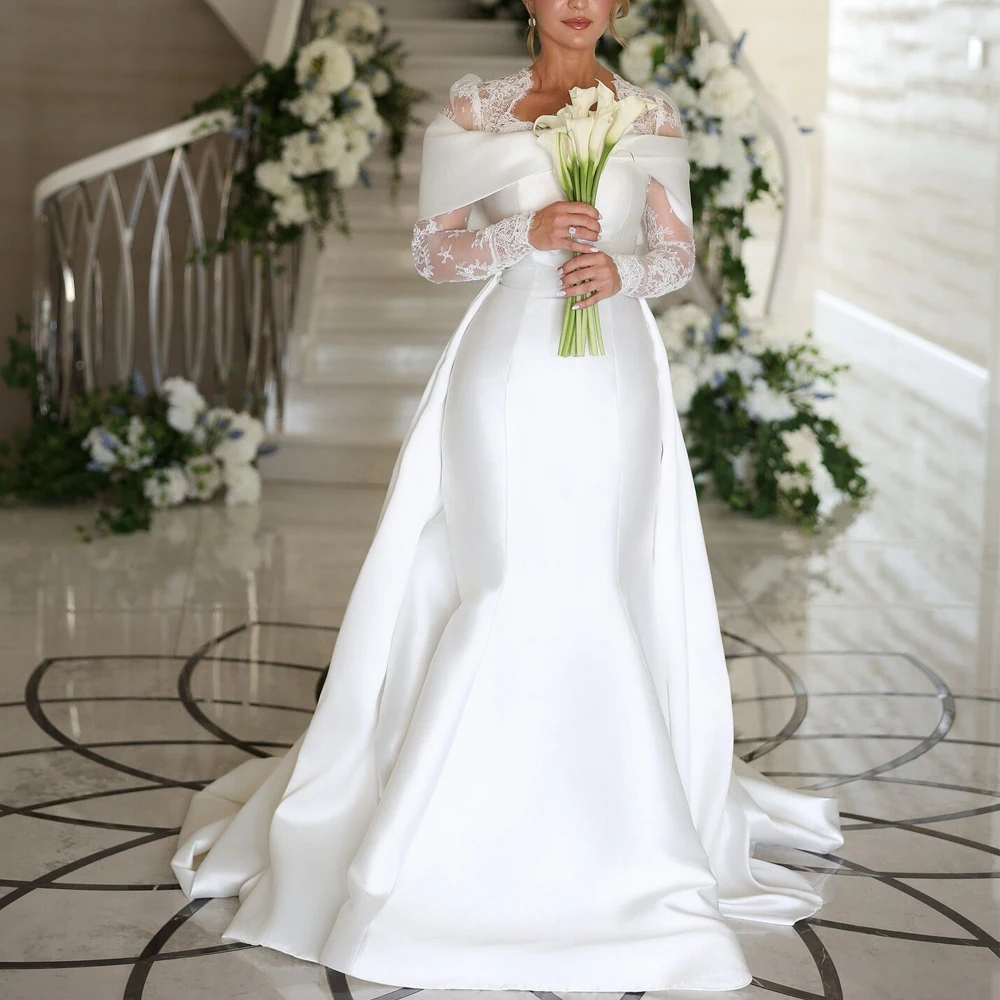 Customized Appliques Satin Mermaid Wedding Dress V Neck Long Sleeve Arabic Dubai Bride Gown Off the Shoulder vestidos de novia
Customized Appliques Satin Mermaid Wedding Dress V Neck Long Sleeve Arabic Dubai Bride Gown Off the Shoulder vestidos de novia