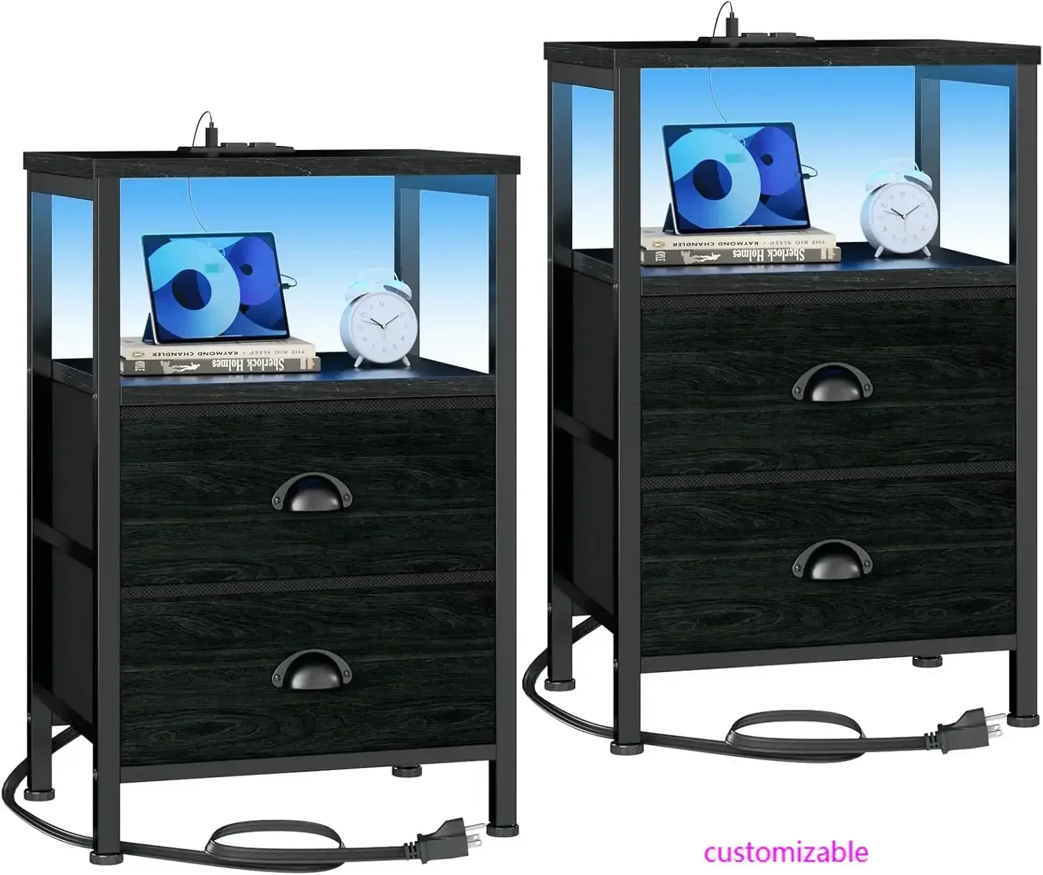 Nightstands Set of 2, End Tables with Charging Station and LED Lights, Black Night Stands with 2 Fabric Drawers
Nightstands Set of 2, End Tables with Charging Station and LED Lights, Black Night Stands with 2 Fabric Drawers