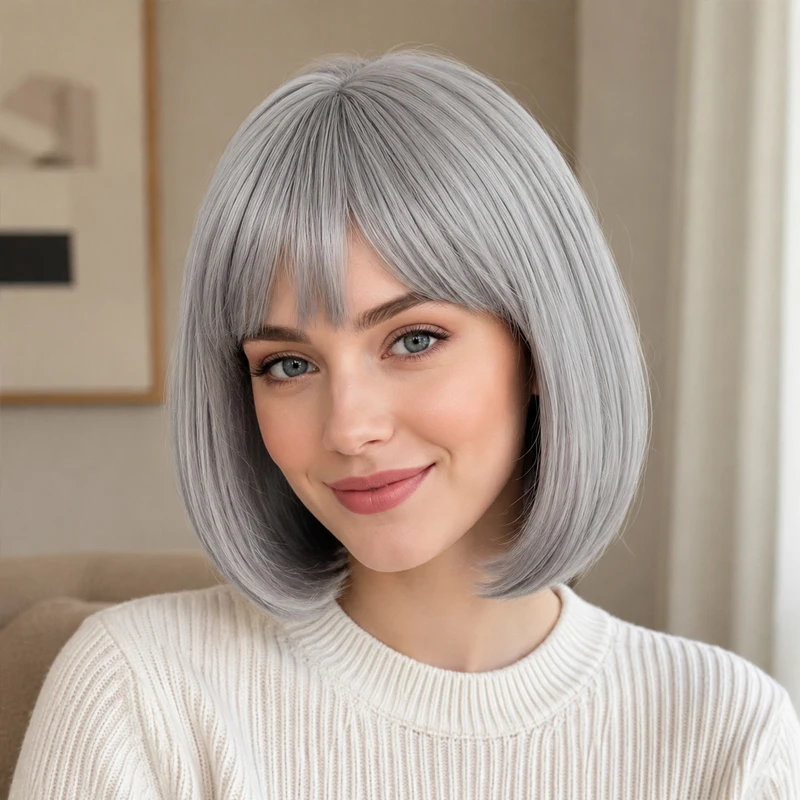 Silver-grey bob wig with bangs, 12 inches, heat-resistant synthetic fiber women's wig, smooth and silky.
Silver-grey bob wig with bangs, 12 inches, heat-resistant synthetic fiber women's wig, smooth and silky.