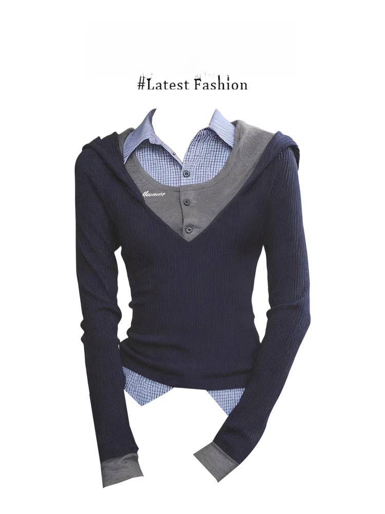 American Style Long Sleeve Shirt Knitted T-Shirt Women's Autumn Design Slim Fit Top Plaid Pattern Fake Three Piece
American Style Long Sleeve Shirt Knitted T-Shirt Women's Autumn Design Slim Fit Top Plaid Pattern Fake Three Piece
