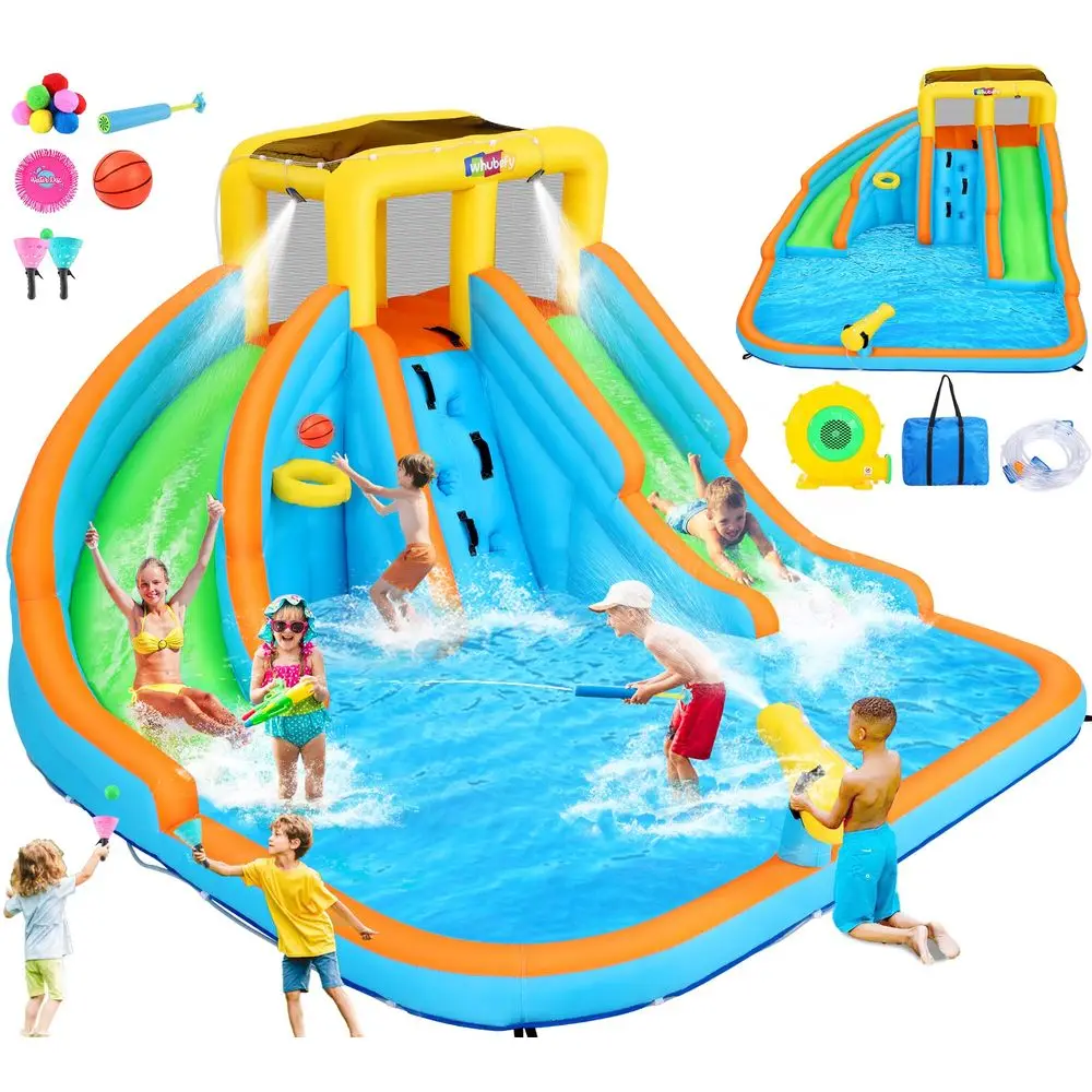 FT Inflatable Dual Water Slide w Catch Ball Set, 11in1 Blow Up Waterpark w 2 Long Slides, Splash Pool, Climbing Wall, Basketbal
FT Inflatable Dual Water Slide w Catch Ball Set, 11in1 Blow Up Waterpark w 2 Long Slides, Splash Pool, Climbing Wall, Basketbal