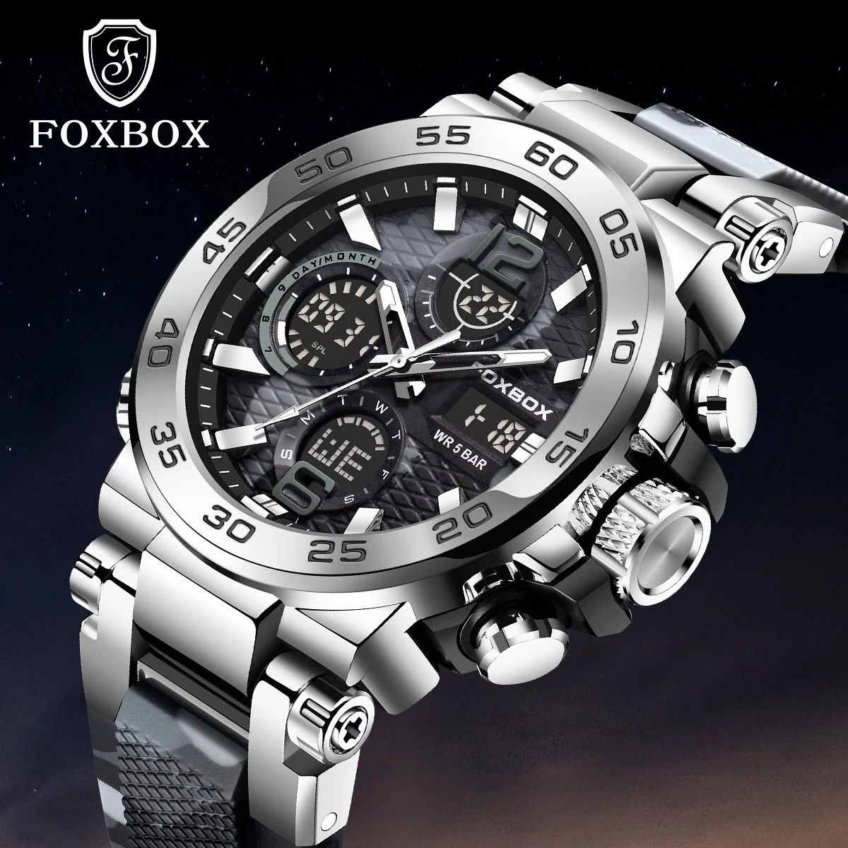 FOXBOX Sports Men's Digital Watches Fashion Quartz Big Dial Men Watch Casual Luminous Waterproof Watches Chronograph Clock Male
FOXBOX Sports Men's Digital Watches Fashion Quartz Big Dial Men Watch Casual Luminous Waterproof Watches Chronograph Clock Male