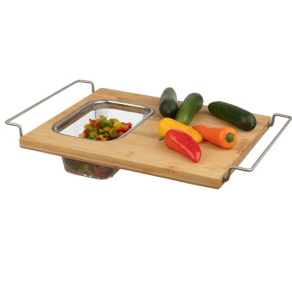 2 in 1 Bamboo Cutting Board with Removable Strainer Over Sink Adjustable Expandable Kitchen Gadget Easy Care Durable Design
2 in 1 Bamboo Cutting Board with Removable Strainer Over Sink Adjustable Expandable Kitchen Gadget Easy Care Durable Design