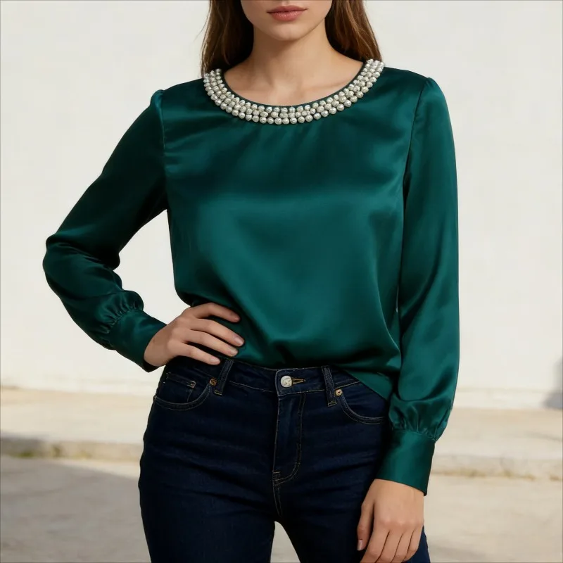 New Elegant Pearl O Neck Satin Office Lady Long Sleeved Shirt 2026 Spring and Autumn Fashion Simple Women's Pullover Clothing
New Elegant Pearl O Neck Satin Office Lady Long Sleeved Shirt 2026 Spring and Autumn Fashion Simple Women's Pullover Clothing
