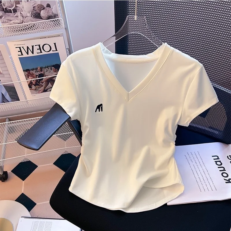 Summer Short Sleeve Embroidered Waist-Cinching T-Shirt Women's Top Sweet Princess Style V-neck Cotton Blend Casual Wear
Summer Short Sleeve Embroidered Waist-Cinching T-Shirt Women's Top Sweet Princess Style V-neck Cotton Blend Casual Wear