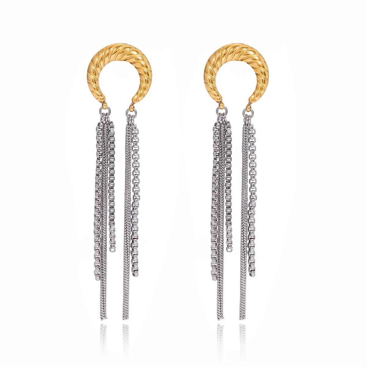 Minimalist Threaded Moon Tassel Earrings Stainless Steel 18k Gold Color Plated Hypoallergenic Women's Earrings
Minimalist Threaded Moon Tassel Earrings Stainless Steel 18k Gold Color Plated Hypoallergenic Women's Earrings