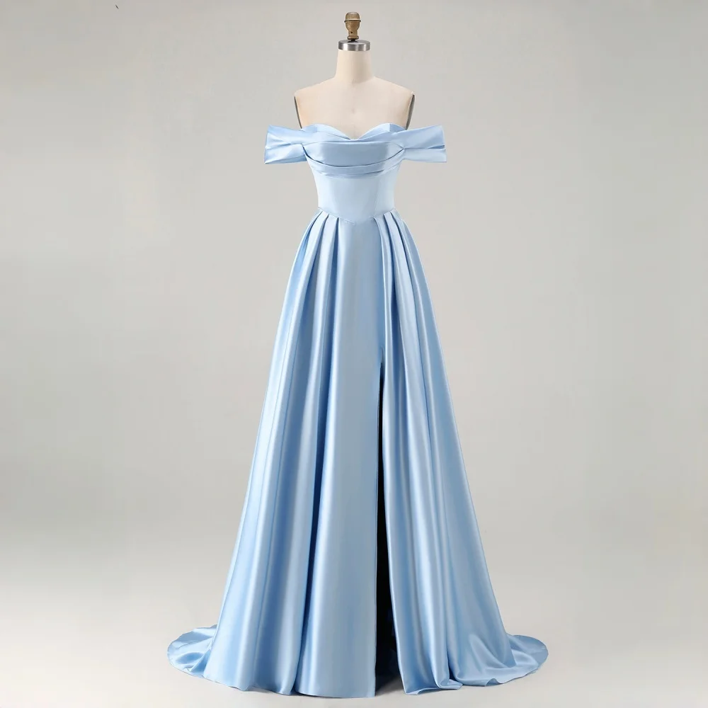 Light Blue Corset Back Off-Shoulder Satin A-Line Gown High Slit Formal Evening Cocktail Party Bridesmaid Prom Wedding Guest
Light Blue Corset Back Off-Shoulder Satin A-Line Gown High Slit Formal Evening Cocktail Party Bridesmaid Prom Wedding Guest