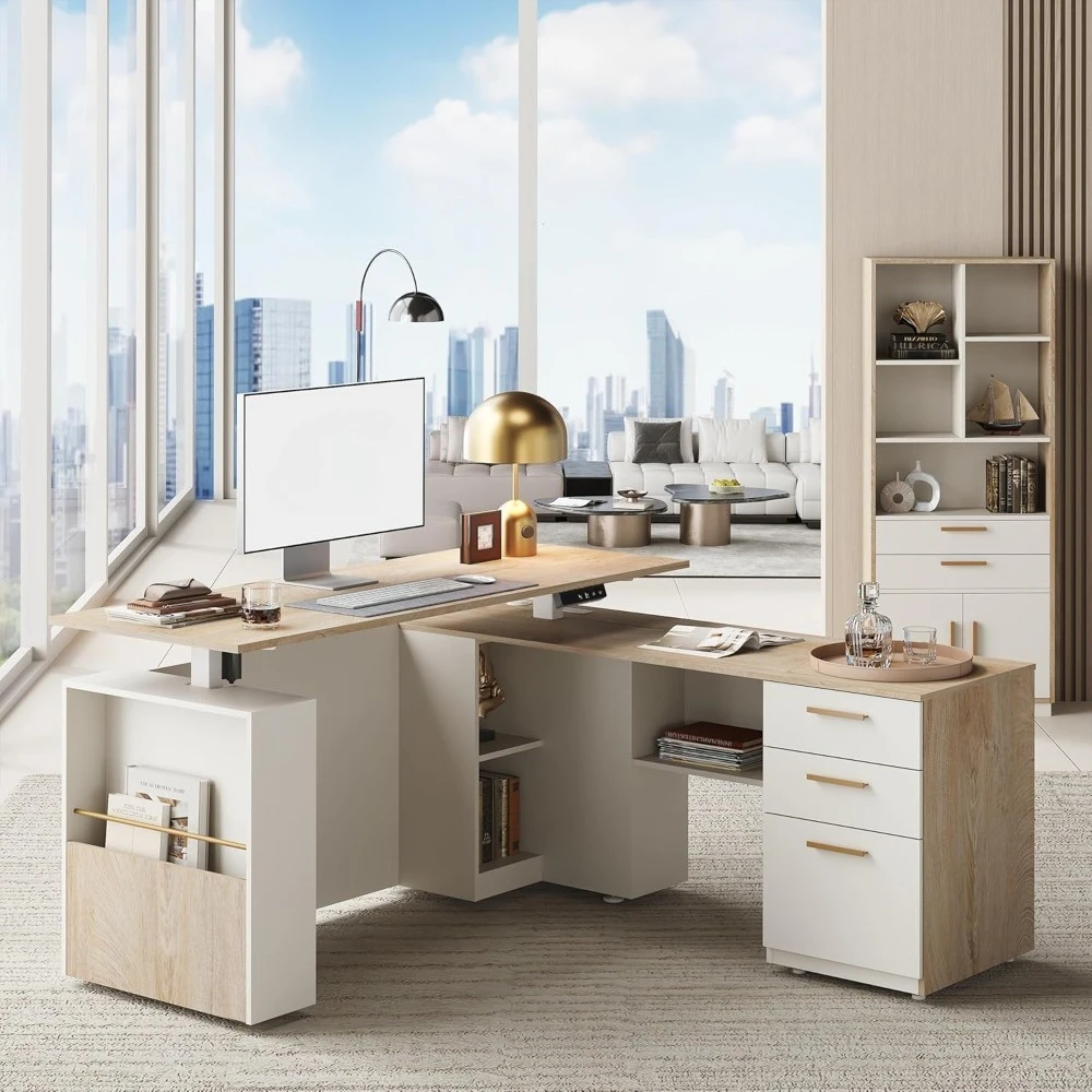 Home Office Furniture Set, 63" L Shaped Standing Desk with 59" Bookcase, Height Adjustable Electric Executive Desk
Home Office Furniture Set, 63" L Shaped Standing Desk with 59" Bookcase, Height Adjustable Electric Executive Desk
