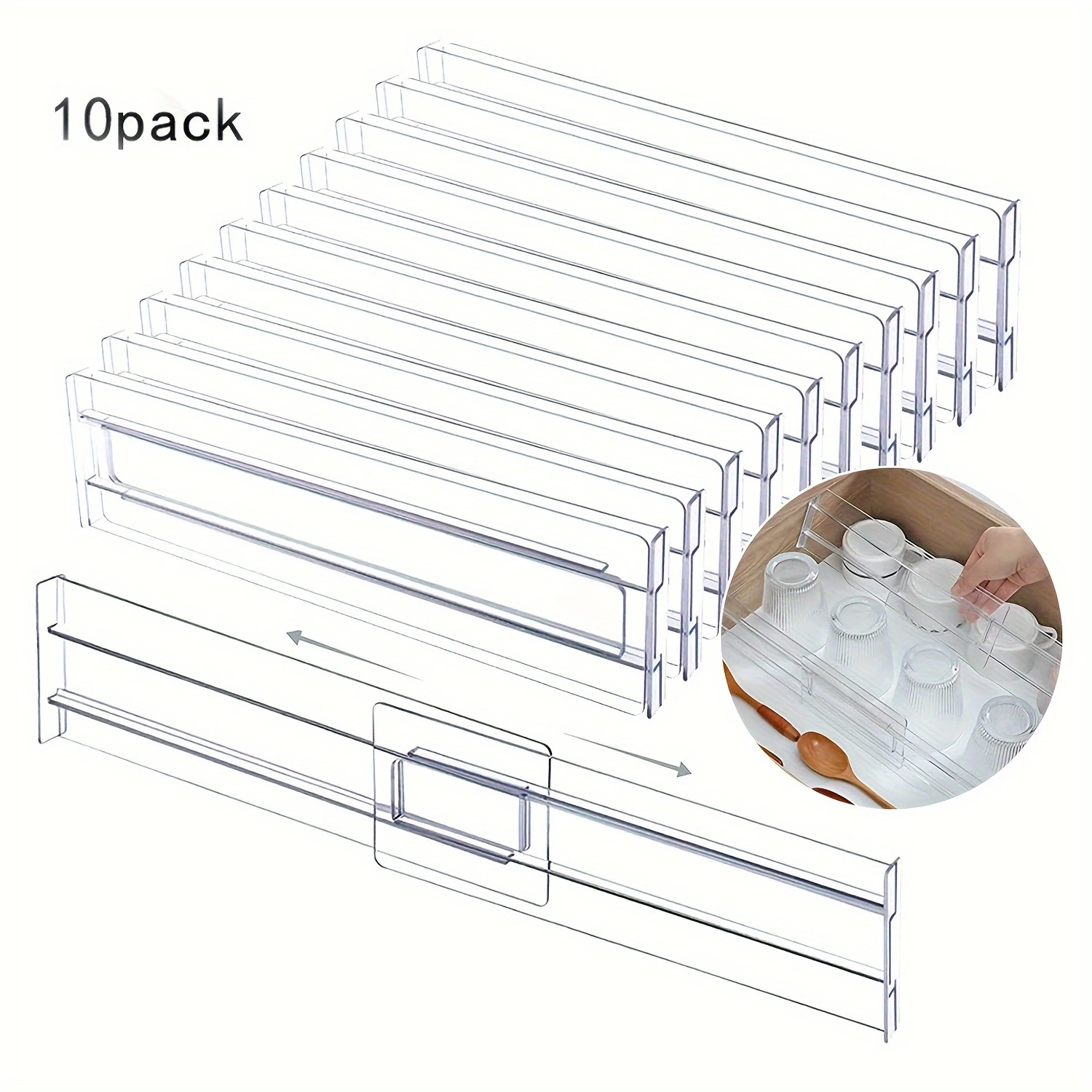 10pcs Adjustable Clear Plastic Drawer Dividers, Expandable From 11 To 19 Inches, Organizers For Bedroom, Kitchen, Office
10pcs Adjustable Clear Plastic Drawer Dividers, Expandable From 11 To 19 Inches, Organizers For Bedroom, Kitchen, Office