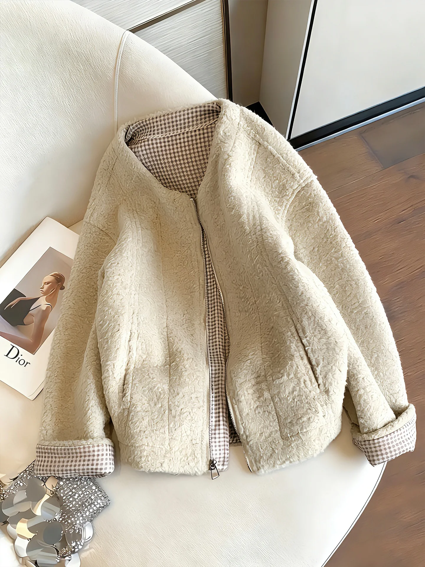 Ladies' Loose Fit Woolen Coat Zipper round Ne Design Tartan Patchwork Spring Autumn Lazy Sle Open Cardigan Top
Ladies' Loose Fit Woolen Coat Zipper round Ne Design Tartan Patchwork Spring Autumn Lazy Sle Open Cardigan Top