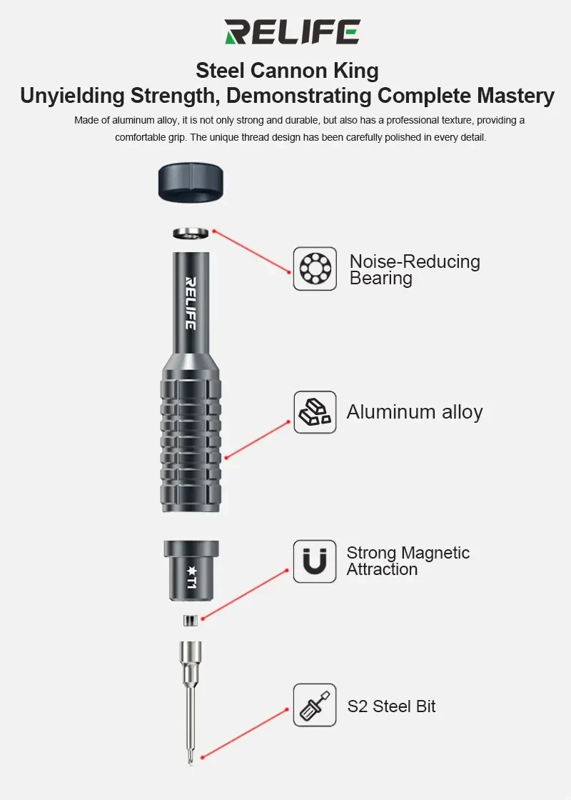 RELIFE RL-730A Steel Cannon King Classic Series Screwdriver Strong Magnetic Suction,Extra hard S2 Steel Bit Repair Tools
RELIFE RL-730A Steel Cannon King Classic Series Screwdriver Strong Magnetic Suction,Extra hard S2 Steel Bit Repair Tools