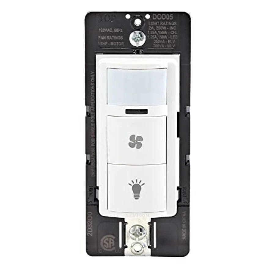 Decora in-Wall Combination Occupancy Sensor with Fan Switch Auto-On or Manual-On 1/4 HP Residential Grade Single Pole White DOD
Decora in-Wall Combination Occupancy Sensor with Fan Switch Auto-On or Manual-On 1/4 HP Residential Grade Single Pole White DOD
