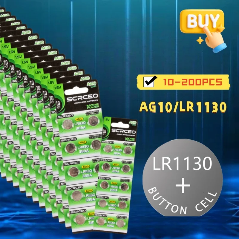 10-200PCS AG10 1.55V 78mAh Cell Coin LR54 SR54 389 G10189 LR1130 SR1130 V10GA Alkaline Button Batteries for Watch Toys Remote
10-200PCS AG10 1.55V 78mAh Cell Coin LR54 SR54 389 G10189 LR1130 SR1130 V10GA Alkaline Button Batteries for Watch Toys Remote