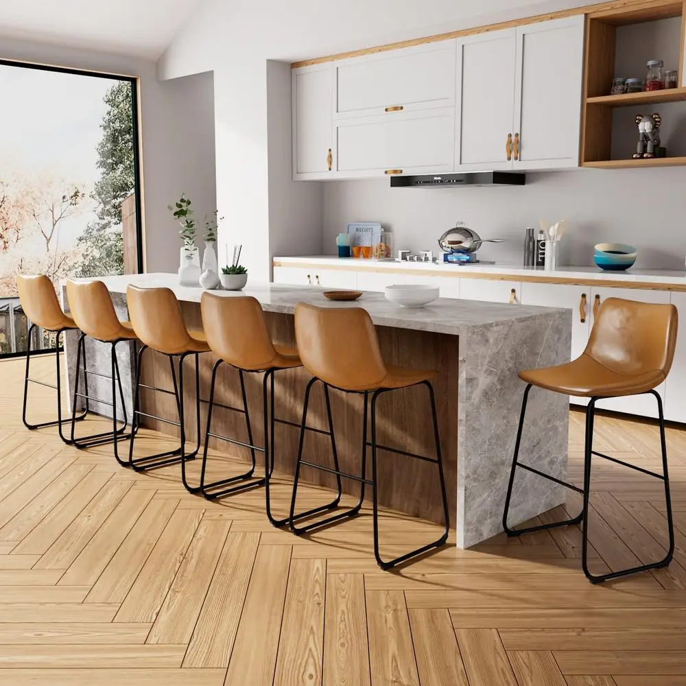 Set of 6 Counter Height Bar Stools: 26 Inch, Faux Leather with Metal Legs and Footrests
Set of 6 Counter Height Bar Stools: 26 Inch, Faux Leather with Metal Legs and Footrests