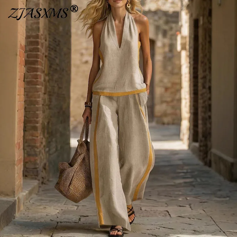 Spring Contrast Trim Vacation Beach Outfit Sexy V Neck Sleeveless Vest Top Wide Leg Pants Two Piece Set Summer Casual Suit Mujer
Spring Contrast Trim Vacation Beach Outfit Sexy V Neck Sleeveless Vest Top Wide Leg Pants Two Piece Set Summer Casual Suit Mujer
