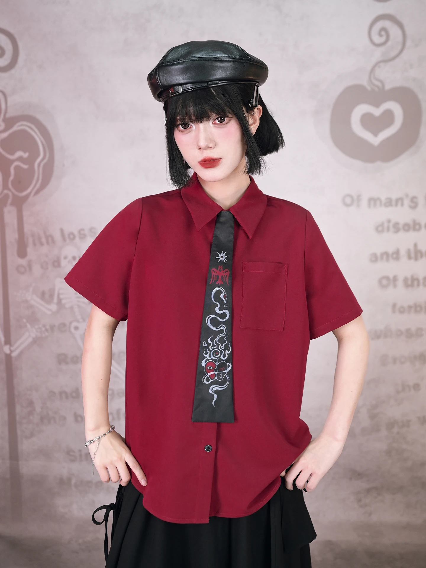 Loose Women's Casual Shirt Short Sleeve Detachable Tie Dark Red Summer Top Polyester Fiber Shoulder Drop Design Button Closure
Loose Women's Casual Shirt Short Sleeve Detachable Tie Dark Red Summer Top Polyester Fiber Shoulder Drop Design Button Closure