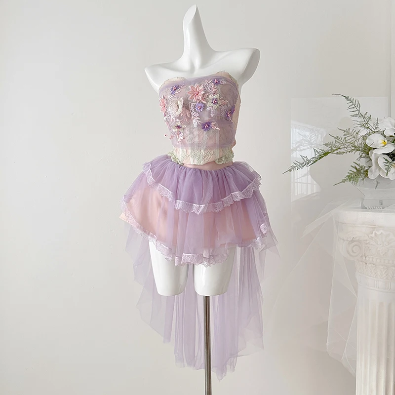 Cute Two-piece Mesh 3D Embroidered Lace Strapless Tops Multi-layer Skirts Sets 2026 Summer Irregular Skirt Suits Pink, Purple
Cute Two-piece Mesh 3D Embroidered Lace Strapless Tops Multi-layer Skirts Sets 2026 Summer Irregular Skirt Suits Pink, Purple