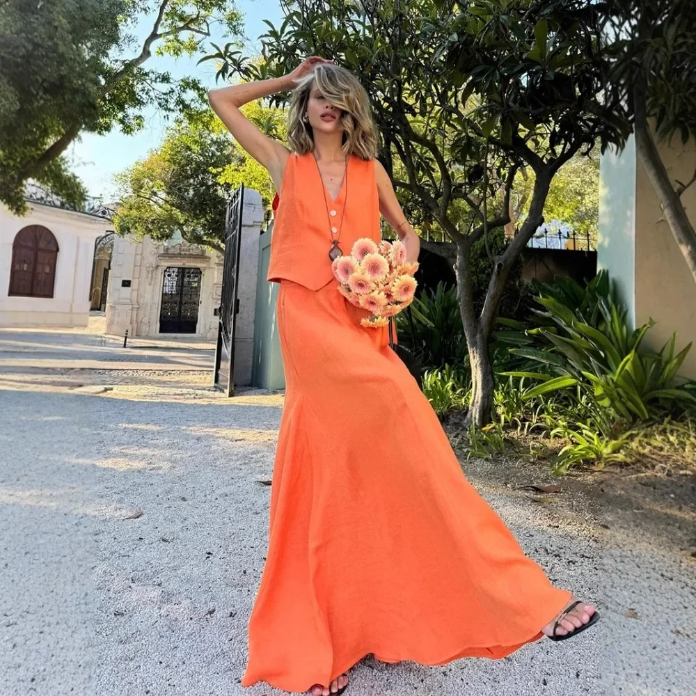Cotton Linen Holiday Outfits for Women Orange Button Waistcoat and Maxi Skirt Set Summer Casual Loose Vacation Matching Set 2025
Cotton Linen Holiday Outfits for Women Orange Button Waistcoat and Maxi Skirt Set Summer Casual Loose Vacation Matching Set 2025