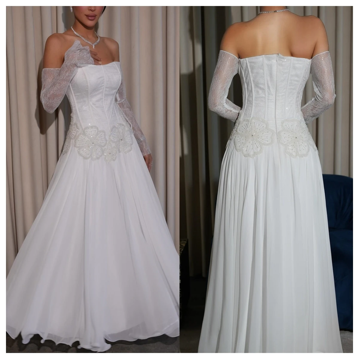 Customized Delicate White Chiffon Evening Dress Boat Neck Off the Shoulder Long Sleeves Celebrity Gowns Vestido De Festa
Customized Delicate White Chiffon Evening Dress Boat Neck Off the Shoulder Long Sleeves Celebrity Gowns Vestido De Festa