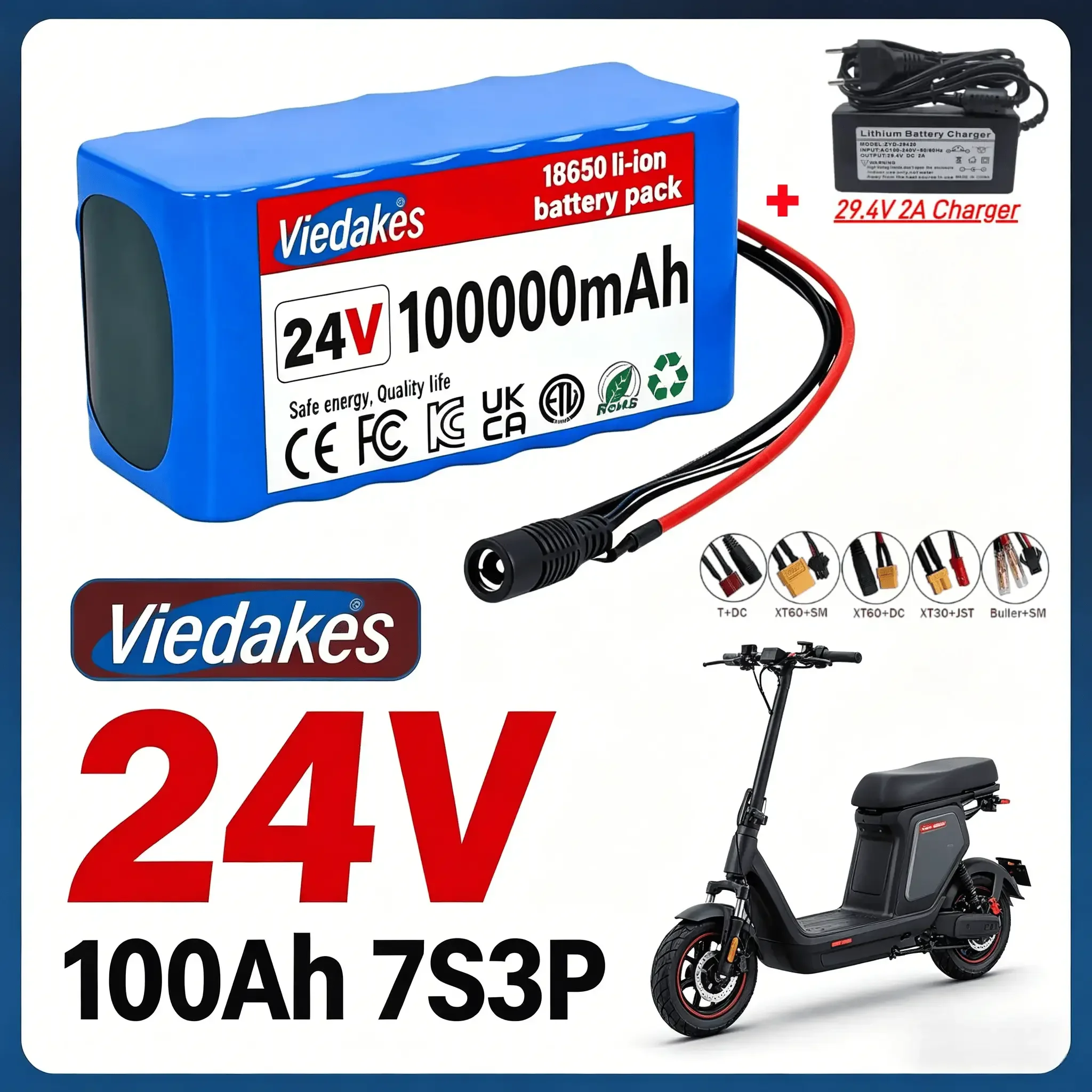 VIEDAKES 24V 7S3P Universal Lithium Battery with 29.4V 2A Charger, built in BMS for safe use in various mobility devices
VIEDAKES 24V 7S3P Universal Lithium Battery with 29.4V 2A Charger, built in BMS for safe use in various mobility devices
