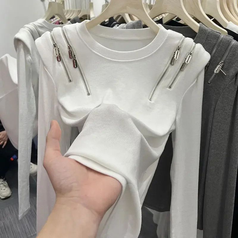 Women's Clothing O-neck Undercoat Solid Ladies Casual Tops Patchwork Zipper Interior Lapping Streetwear T-Shirts Pullovers D375
Women's Clothing O-neck Undercoat Solid Ladies Casual Tops Patchwork Zipper Interior Lapping Streetwear T-Shirts Pullovers D375