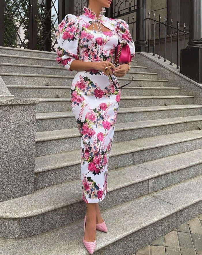 Women's Sexy Summer Elegant Commuting Dress Puff Sleeve Floral Print Frill Hem Cutout Tied Detail Dress
Women's Sexy Summer Elegant Commuting Dress Puff Sleeve Floral Print Frill Hem Cutout Tied Detail Dress 