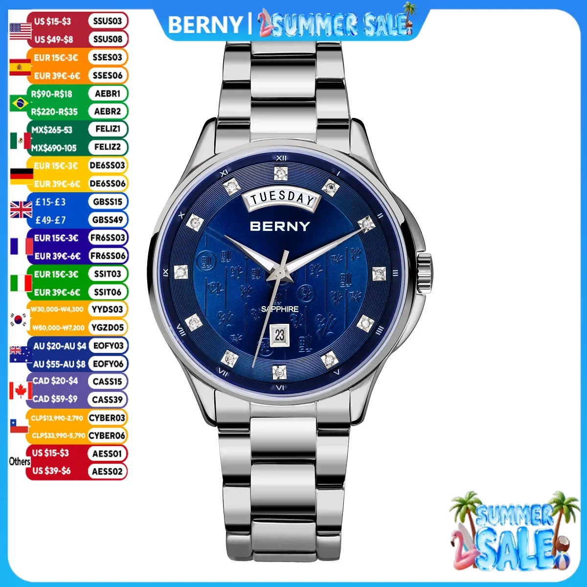 BERNY Watches for Men Solid Stainless Steel Date Weeks Sapphire Luminous Quartz Men Watch Chinese Style Good Fortune Wristwatch
BERNY Watches for Men Solid Stainless Steel Date Weeks Sapphire Luminous Quartz Men Watch Chinese Style Good Fortune Wristwatch