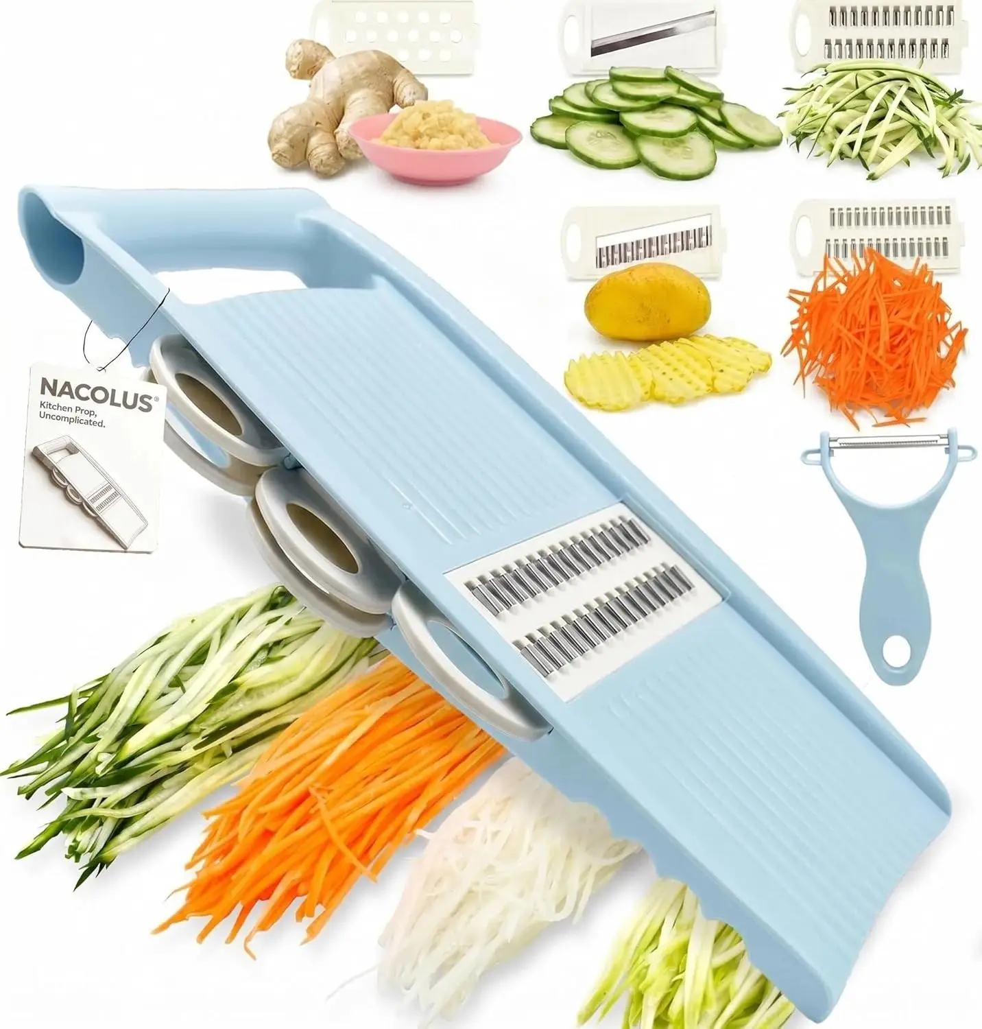 Handheld Mandoline Slicer for Kitchen, 5 Blades Vegetable Cutter, Julienne Shredder & Peeler, Compact Blue
Handheld Mandoline Slicer for Kitchen, 5 Blades Vegetable Cutter, Julienne Shredder & Peeler, Compact Blue