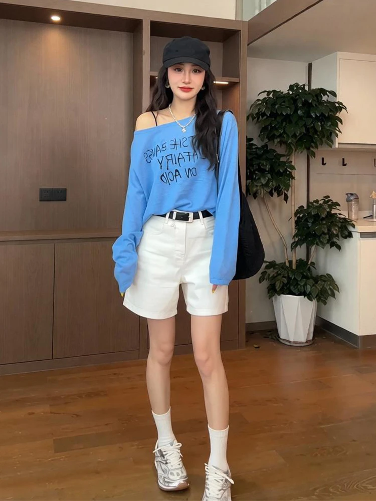 Summer New Retro Simple Blue One-Shoulder Sun Protection Top Shorts Set High Waist Short Pants Fashionable Women's Outfit
Summer New Retro Simple Blue One-Shoulder Sun Protection Top Shorts Set High Waist Short Pants Fashionable Women's Outfit