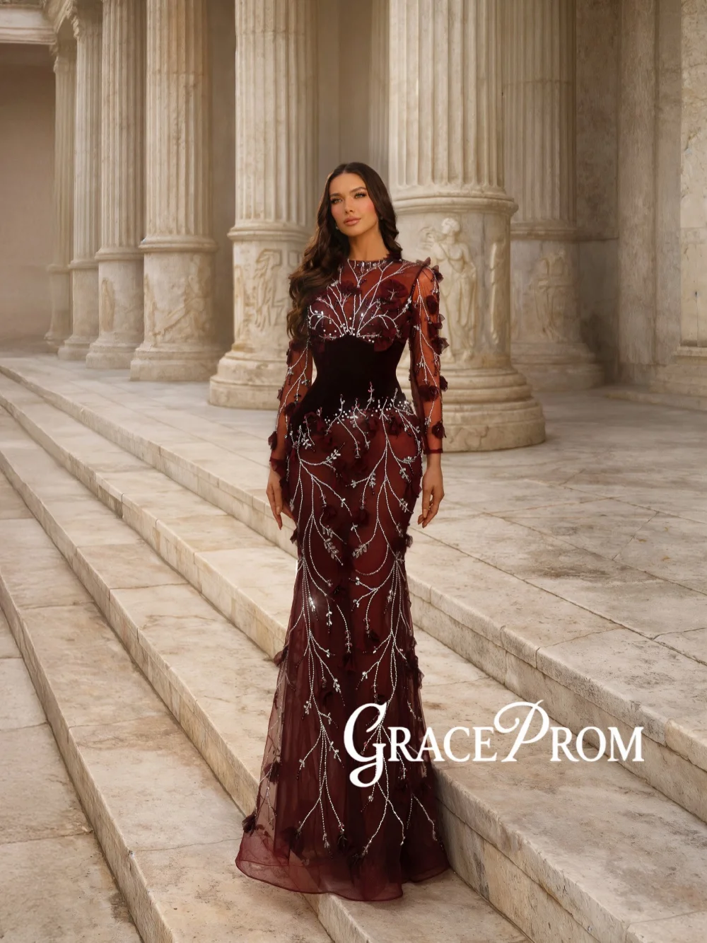 Burgundy Beaded Floral Evening Dress Charming Long Sleeved Illusion Wedding Party Gowns Customized Luxurious Banquet Gowns
Burgundy Beaded Floral Evening Dress Charming Long Sleeved Illusion Wedding Party Gowns Customized Luxurious Banquet Gowns