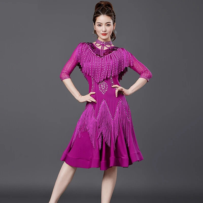 Latin Dance Half Sleeve Tassels Sequin Dress Performance Dress Competition Practice Clothes Chacha Waltz Dance Dress DQL10906
Latin Dance Half Sleeve Tassels Sequin Dress Performance Dress Competition Practice Clothes Chacha Waltz Dance Dress DQL10906