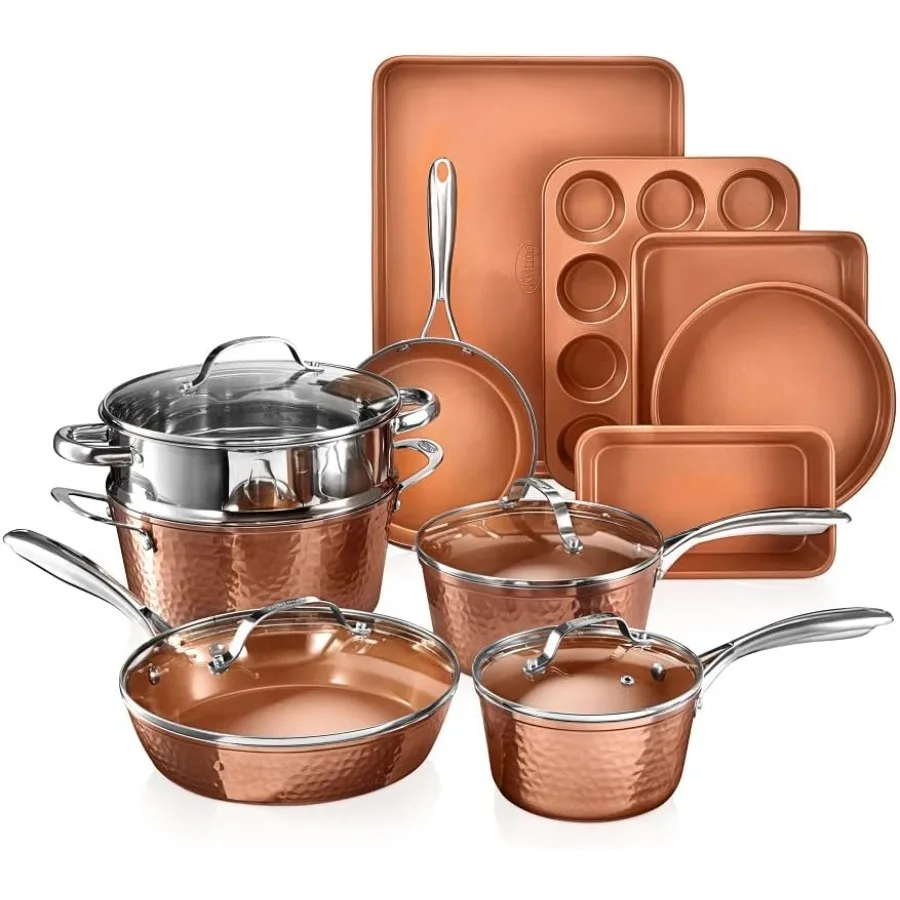 Hammered 15 Pc Ceramic Cookware Set Nonstick Deep Copper Pots and Pans Set Non Stick with Bakeware and Deep Fry Pan Non Toxic P
Hammered 15 Pc Ceramic Cookware Set Nonstick Deep Copper Pots and Pans Set Non Stick with Bakeware and Deep Fry Pan Non Toxic P