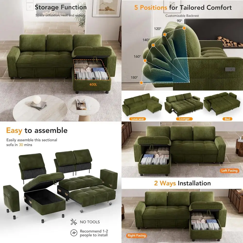 Green Chenille 81 Sectional Sleeper Sofa with Pull-Out Bed, L-Shape Couch, Reclining Backrest, Reversible Storage Chaise, USB Po
Green Chenille 81 Sectional Sleeper Sofa with Pull-Out Bed, L-Shape Couch, Reclining Backrest, Reversible Storage Chaise, USB Po