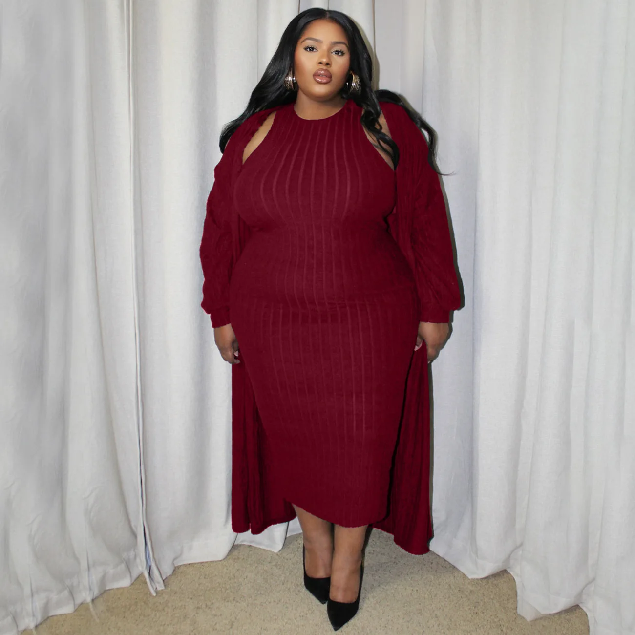 Plus Size Ribbed Elegant Matching Set Women Solid Midi Dress Female Casual Long Coat 2024 Autumn Large Size Two Piece Set
Plus Size Ribbed Elegant Matching Set Women Solid Midi Dress Female Casual Long Coat 2024 Autumn Large Size Two Piece Set