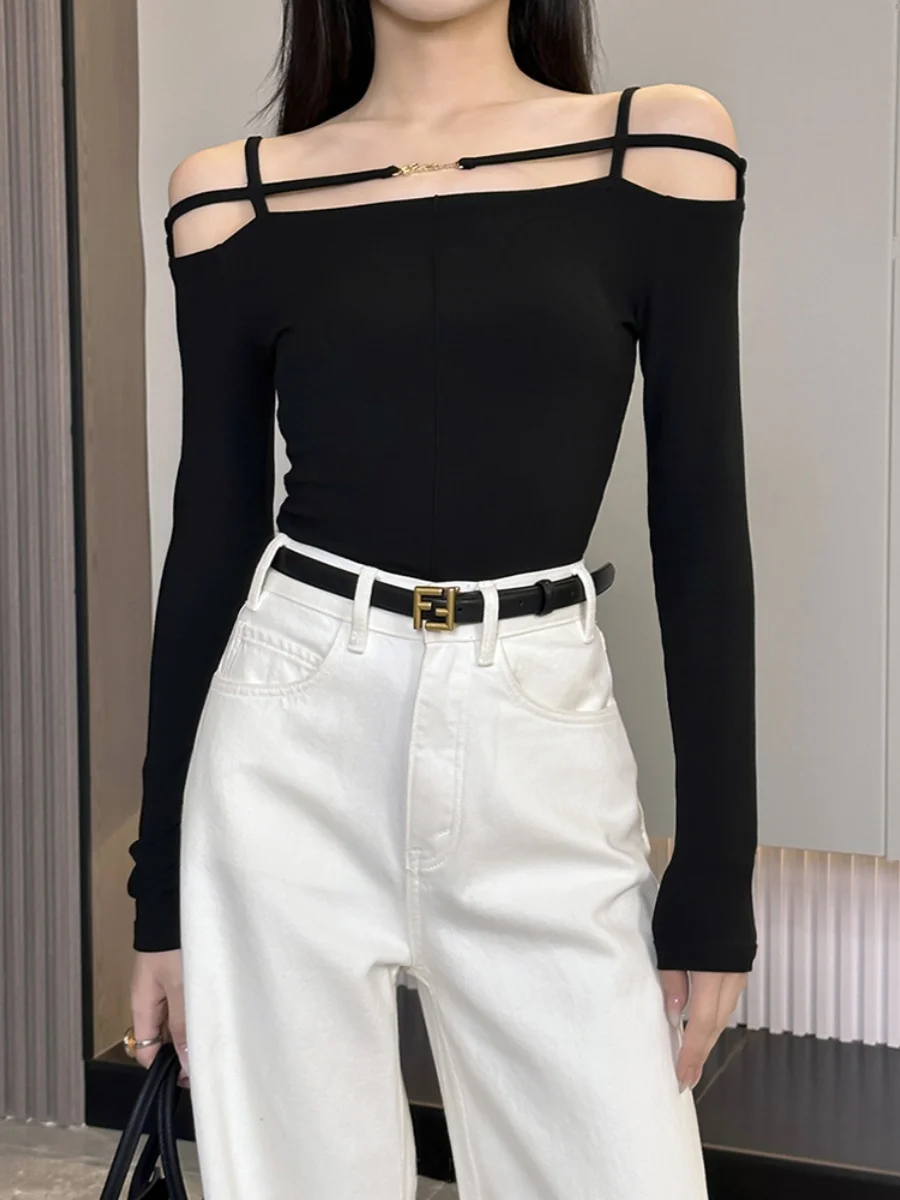 French Exposed Collarbone Long Sleeved T-shirt Women's Slim Korean Sexy Tee 2024
French Exposed Collarbone Long Sleeved T-shirt Women's Slim Korean Sexy Tee 2024