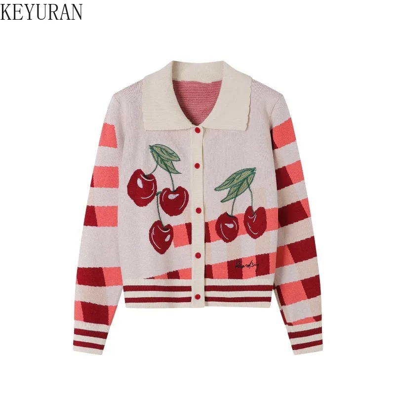 Винтажный полосатый вязаный кардиган с вышивкой вишни, женский весенне-осенний короткий свитер с отложным воротником и длинными рукавами, трикотажные топы
Винтажный полосатый вязаный кардиган с вышивкой вишни, женский весенне-осенний короткий свитер с отложным воротником и длинными рукавами, трикотажные топы